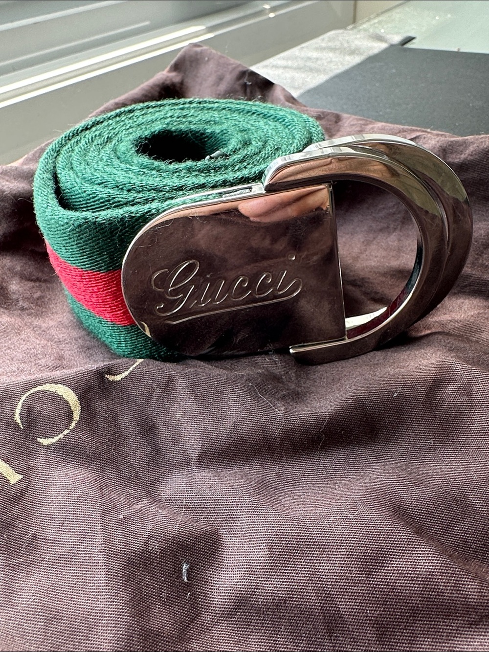 Gucci Green and Red Web Belt with Signature Silver-Tone Buckle